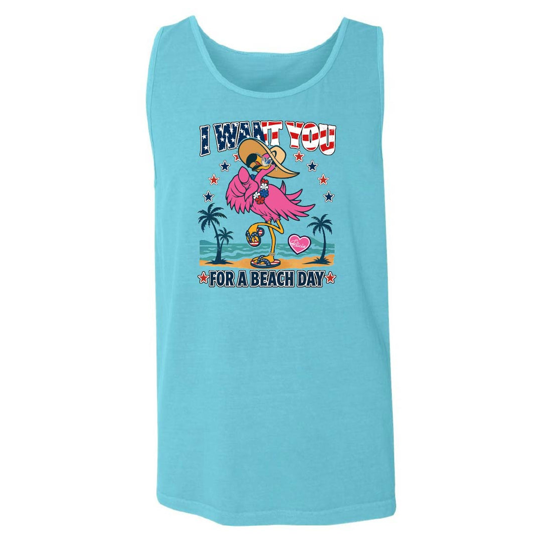 Blue tank top with a flamingo graphic and text on a white background