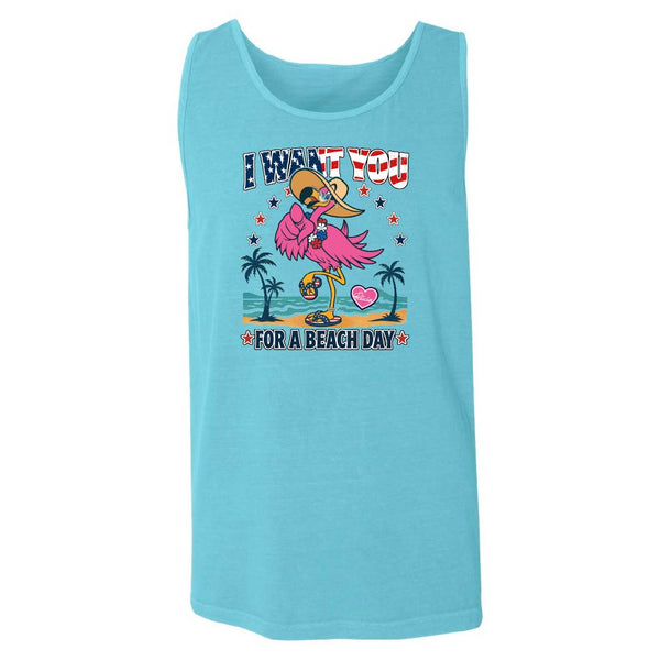 Blue tank top with a flamingo graphic and text on a white background