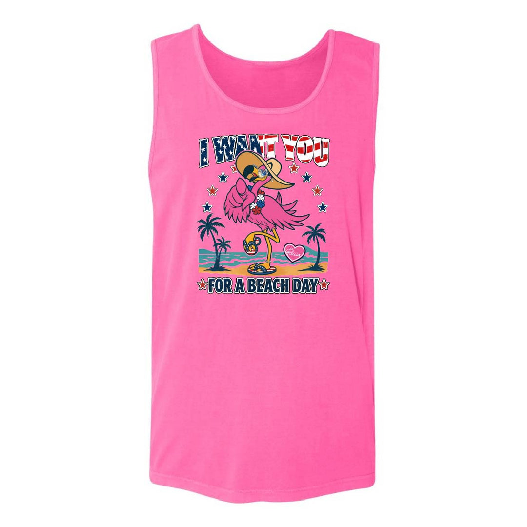 Pink tank top with a beach-themed graphic and text on a white background