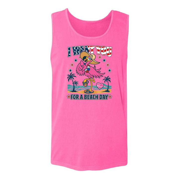 Pink tank top with a beach-themed graphic and text on a white background