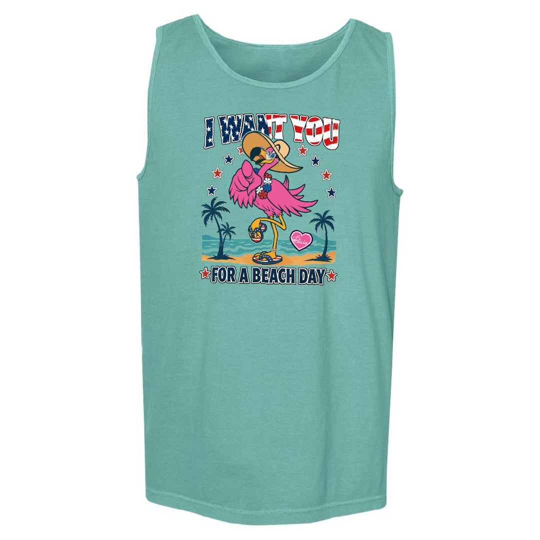 Teal tank top with cartoon flamingo design and text on a white background