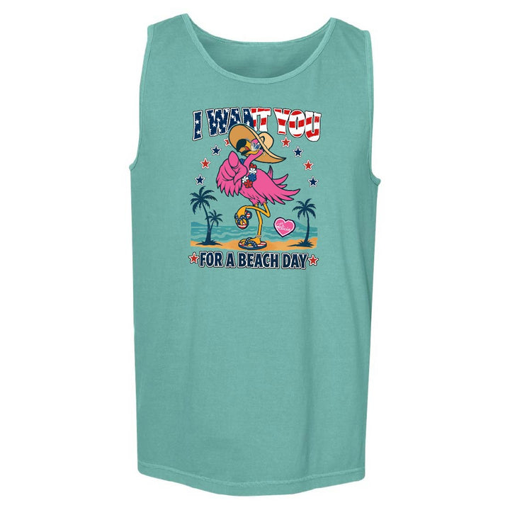 Teal tank top with cartoon flamingo design and text on a white background