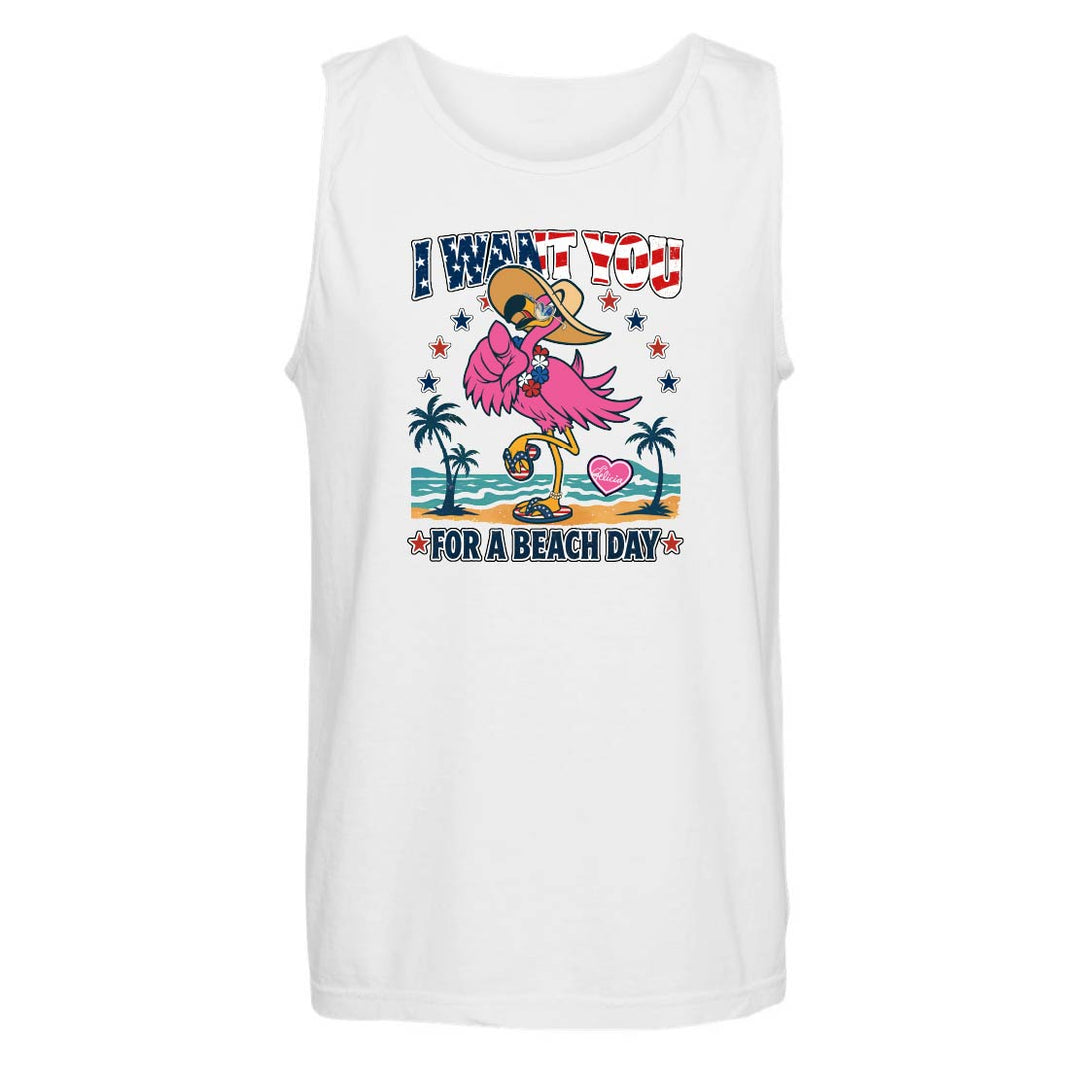 White tank top with a flamingo graphic and text on a white background