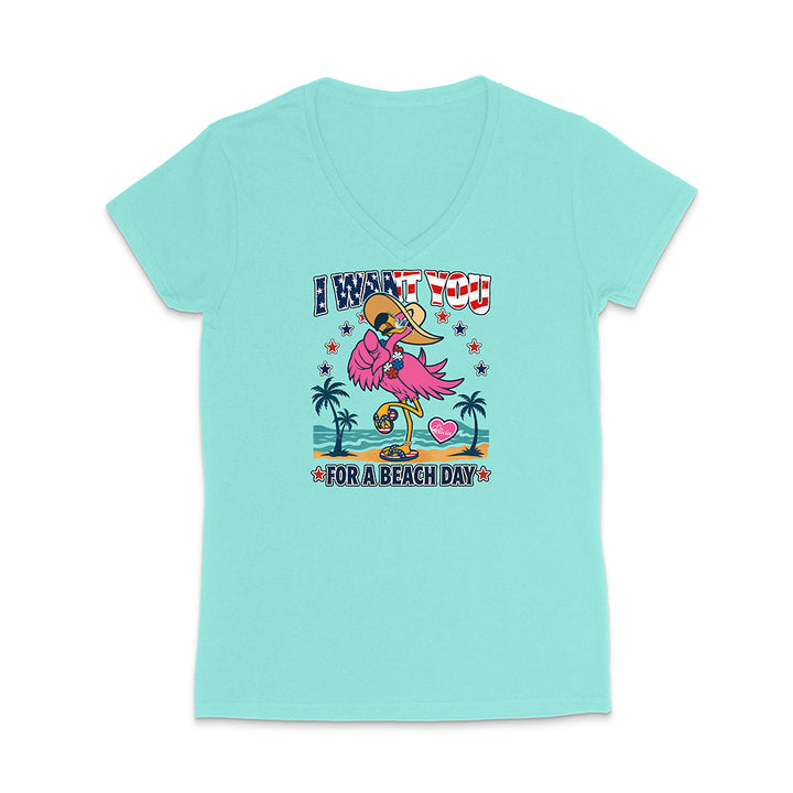 Light blue t-shirt with a beach-themed graphic and text on a white background