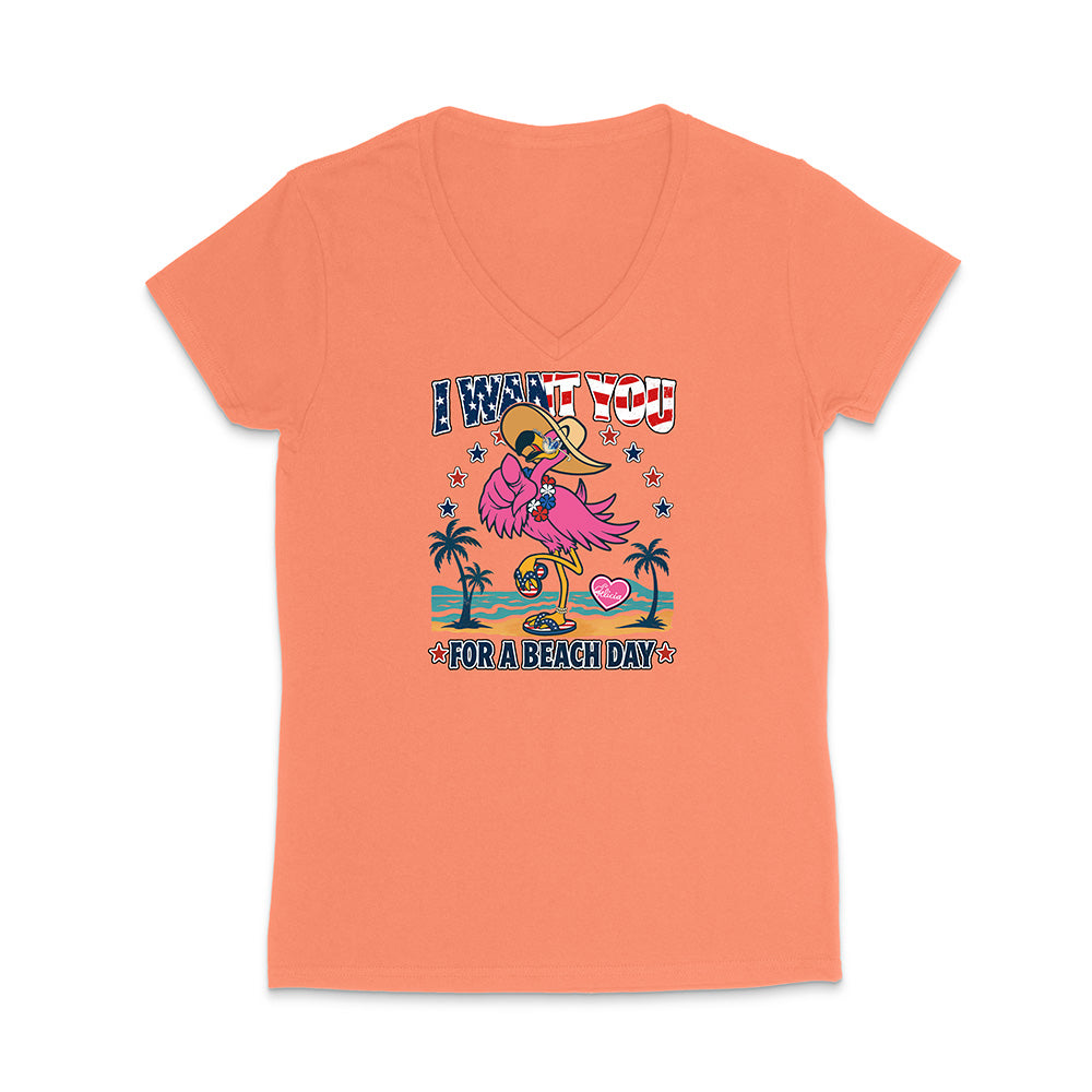 Coral t-shirt with a flamingo graphic and text on a white background