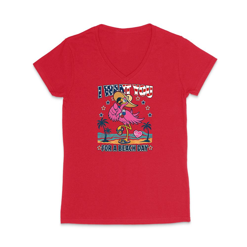 Red t-shirt with a flamingo graphic and text on a white background