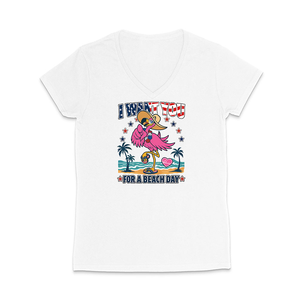 White t-shirt with a colorful graphic design featuring a flamingo and text on a white background