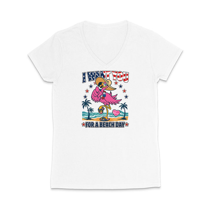 White t-shirt with a colorful graphic design featuring a flamingo and text on a white background
