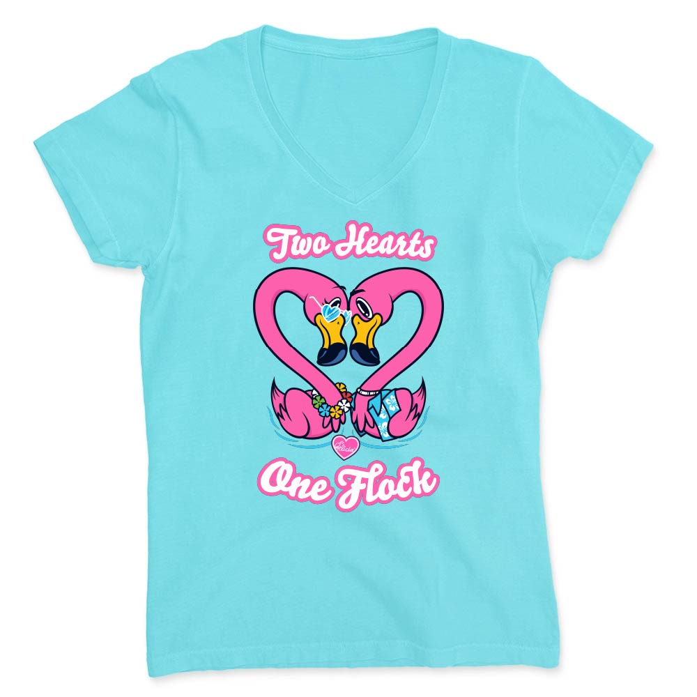 Light blue t-shirt with pink, heart-shaped flamingo design and text reading "Two Hearts. One Flock".