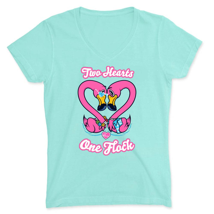 Mint green t-shirt with pink, heart-shaped flamingo design and text reading "Two Hearts. One Flock".