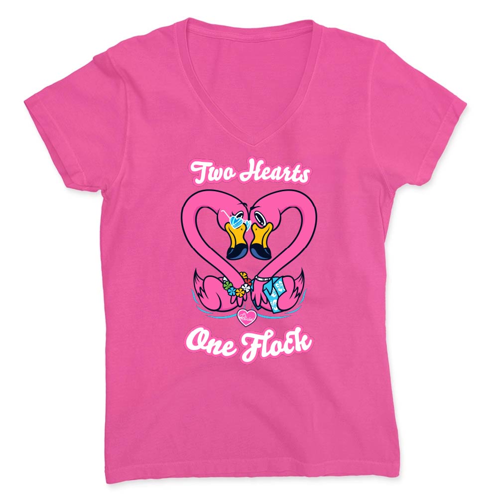 Hot Pink t-shirt with pink, heart-shaped flamingo design and text reading "Two Hearts. One Flock".