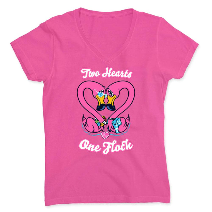 Hot Pink t-shirt with pink, heart-shaped flamingo design and text reading "Two Hearts. One Flock".