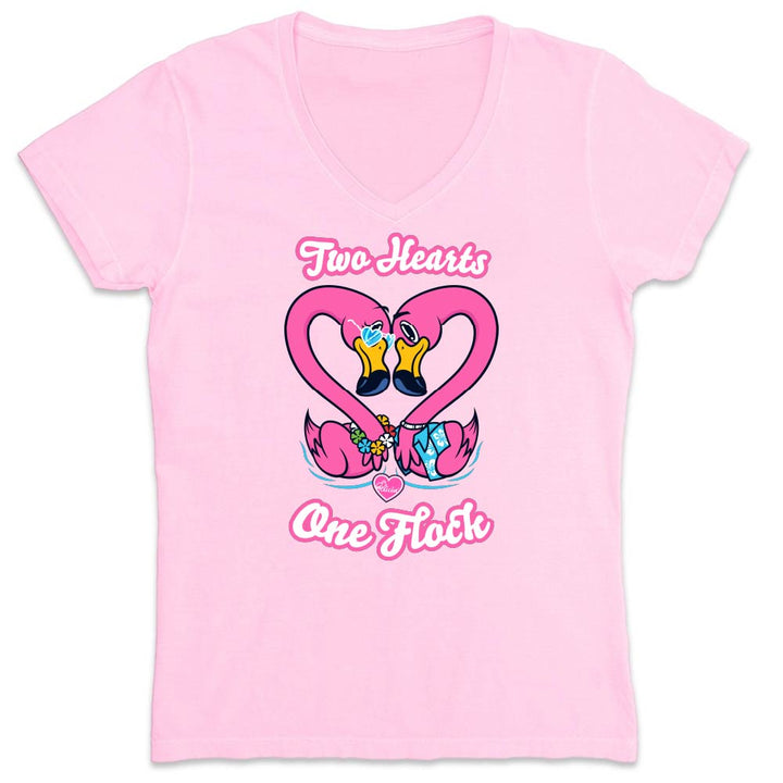 Pink t-shirt with pink, heart-shaped flamingo design and text reading "Two Hearts. One Flock".