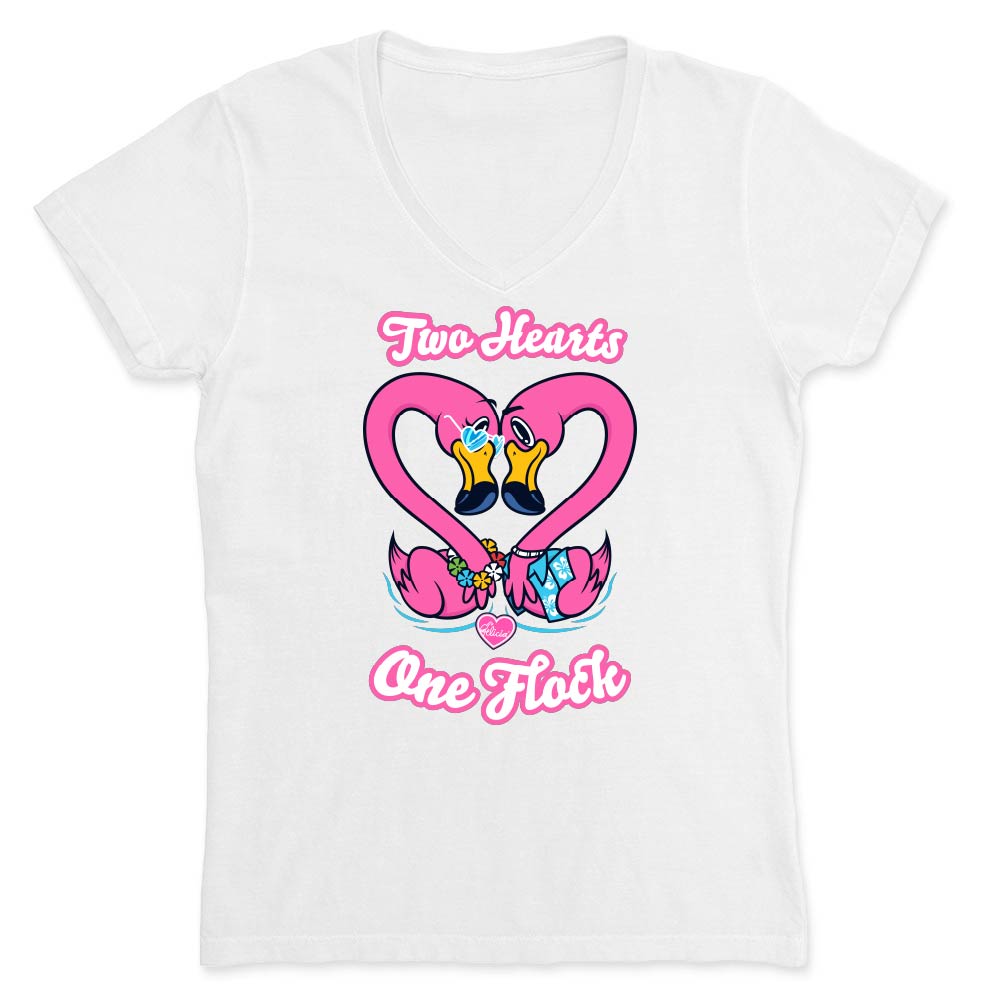 White t-shirt with pink, heart-shaped flamingo design and text reading "Two Hearts. One Flock".