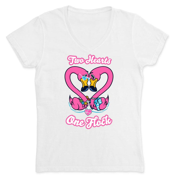 White t-shirt with pink, heart-shaped flamingo design and text reading "Two Hearts. One Flock".