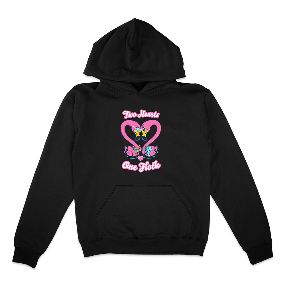 Black hoodie with pink heart design and text on a white background