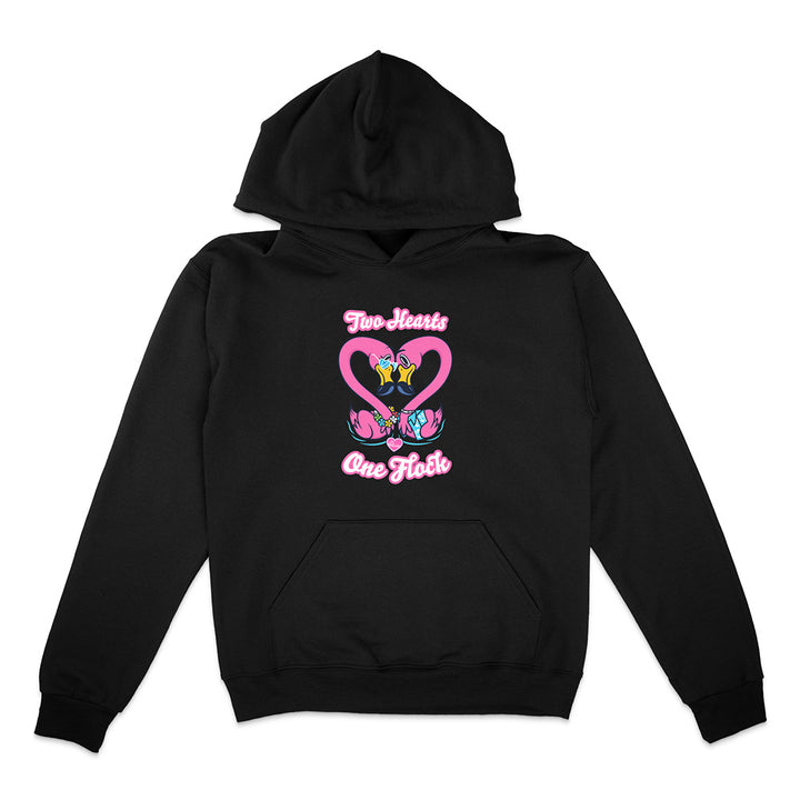 Black hoodie with pink heart design and text on a white background