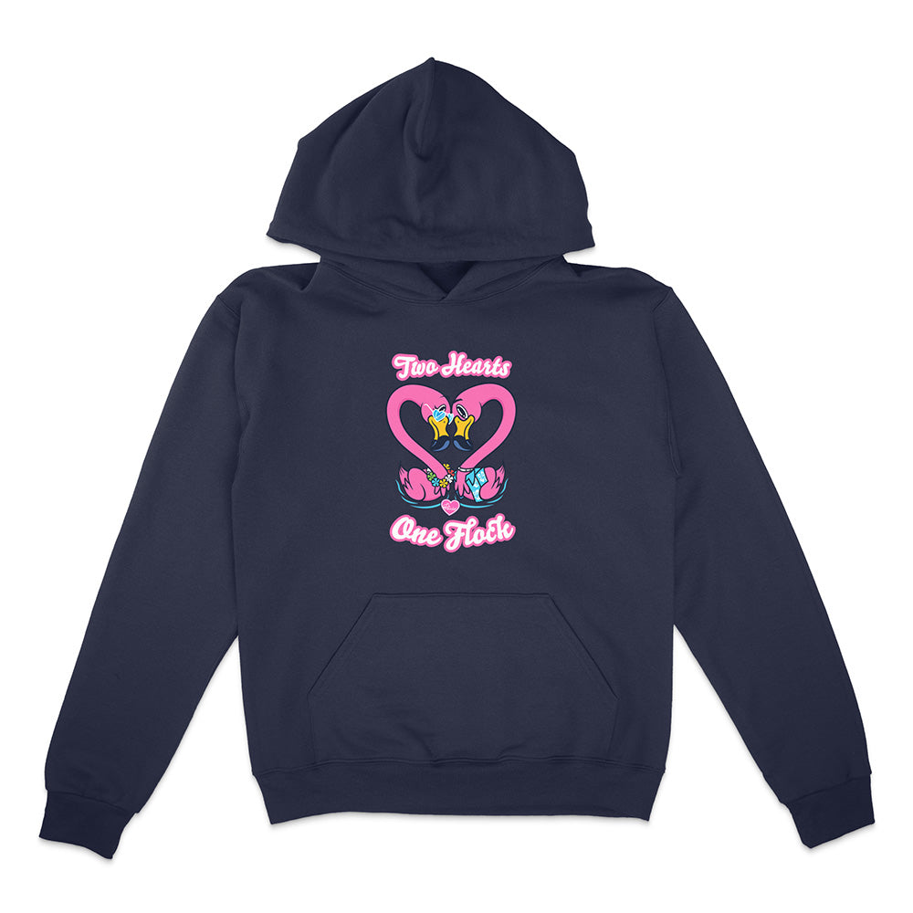 Navy blue hoodie with pink heart design and text on a white background