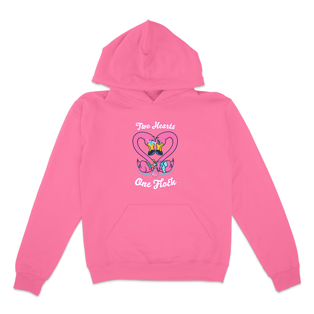 Pink hoodie with a heart design and text on a white background