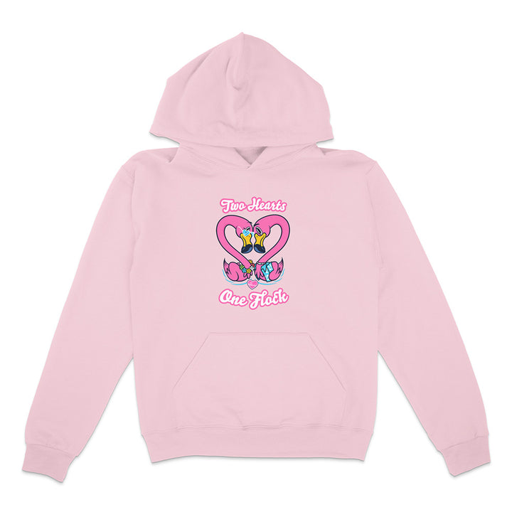 Pink hoodie with heart and bow design on a white background