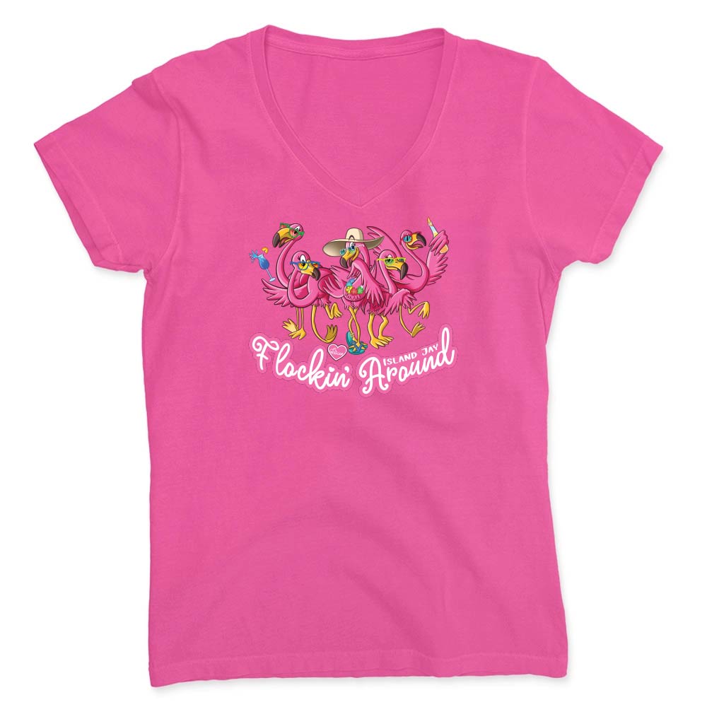Hot PInk t-shirt with flamingo design and text reading "Flockin Around".