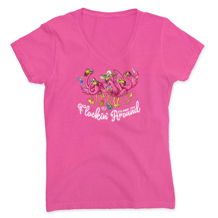 Hot PInk t-shirt with flamingo design and text reading "Flockin Around".