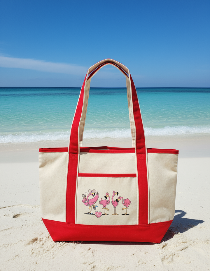 Beige and red tote bag with flamingo design on a sandy beach with ocean view