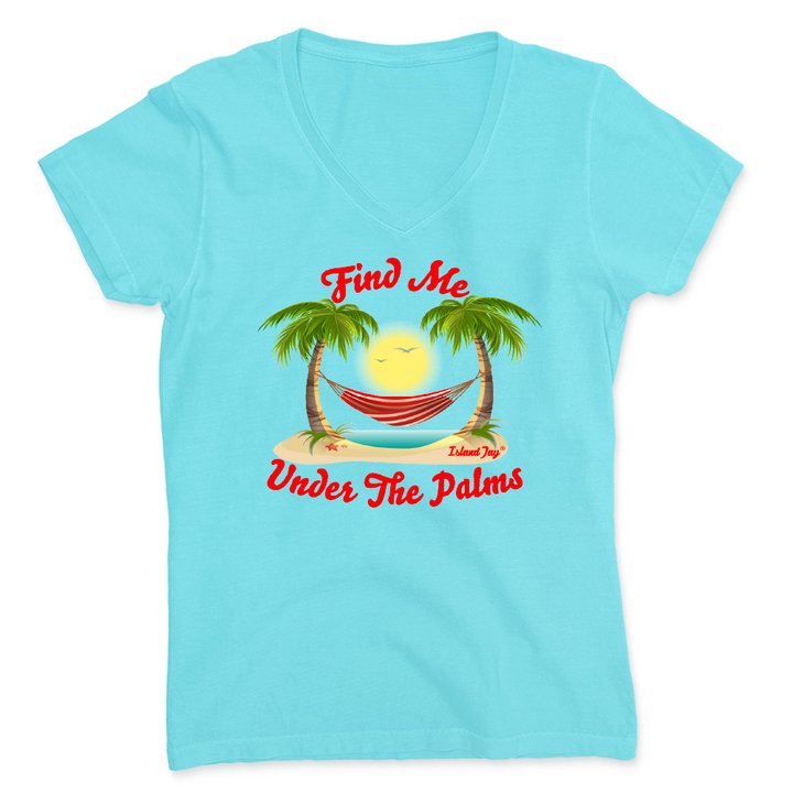 Light blue t-shirt with a tropical graphic and the text "Find Me Under the Palms"