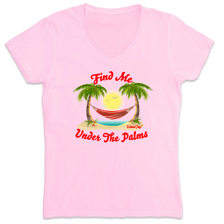 Light pink t-shirt with a tropical graphic and the text "Find Me Under the Palms"