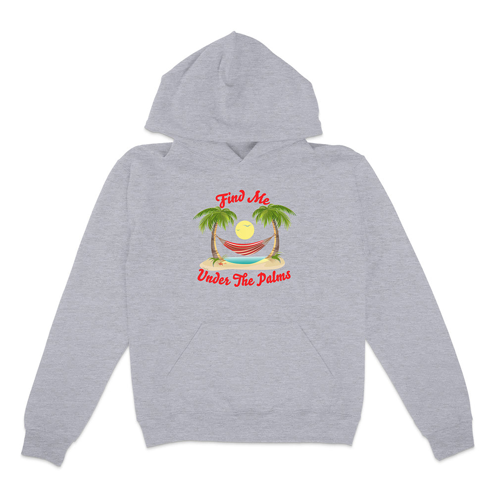 Gray hoodie with a tropical graphic and text on a white background