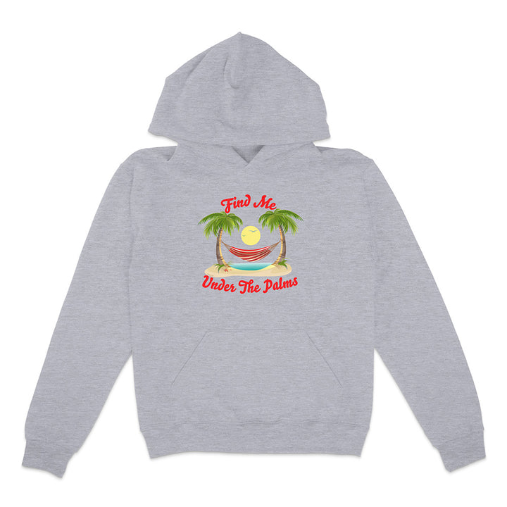 Gray hoodie with a tropical graphic and text on a white background