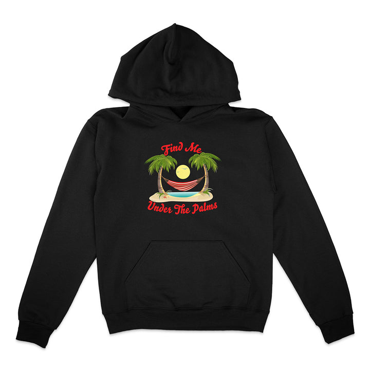 Black hoodie with a tropical graphic and text on a white background