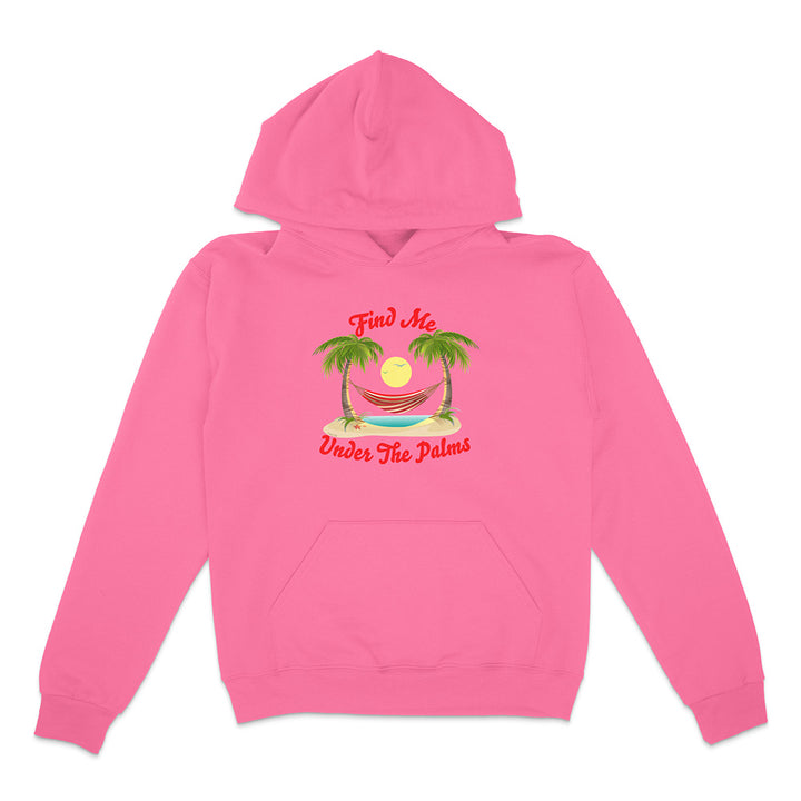 Pink hoodie with tropical graphic and text on a white background