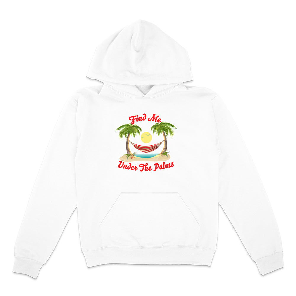 White hoodie with a tropical graphic and text on a white background