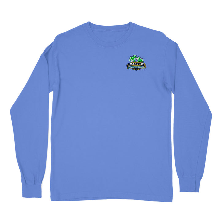 A light purple long-sleeve crewneck t-shirt with a small colorful graphic on the left chest, displayed flat against a solid white background.