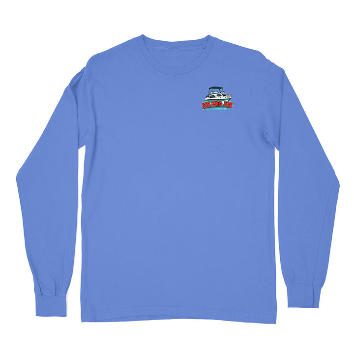 A blue long-sleeve crewneck t-shirt with a small graphic of a sailboat and the text 'SAILOR' on the left chest, displayed on a solid white background.