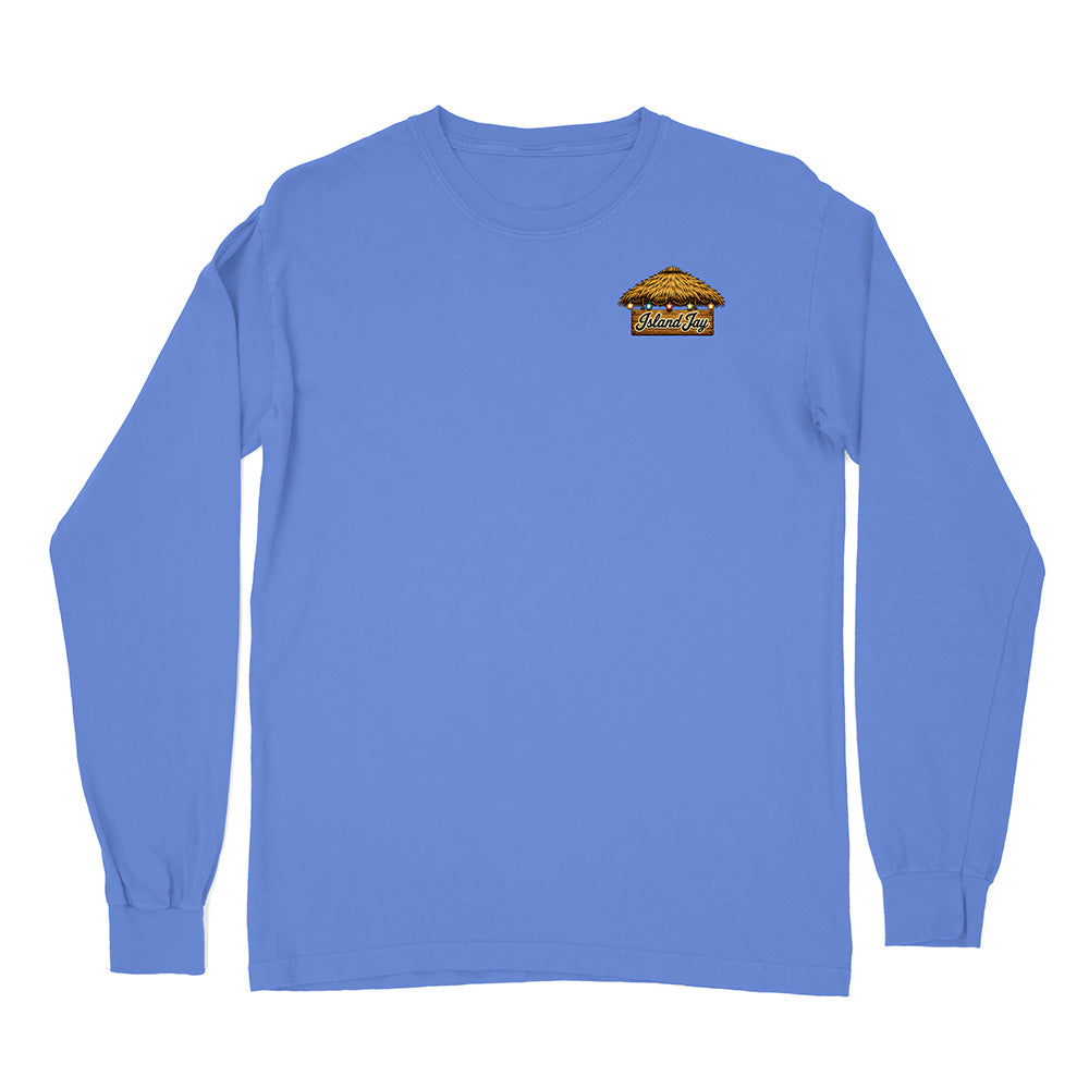 A blue long-sleeve crewneck t-shirt with a small graphic logo on the left chest, displayed flat against a plain white background.