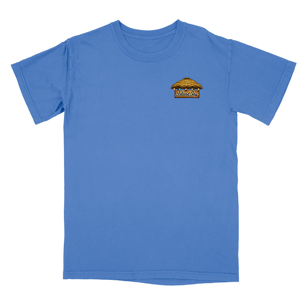 A blue short-sleeve crewneck t-shirt with a small multicolor graphic printed on the left chest, displayed flat against a plain white background.