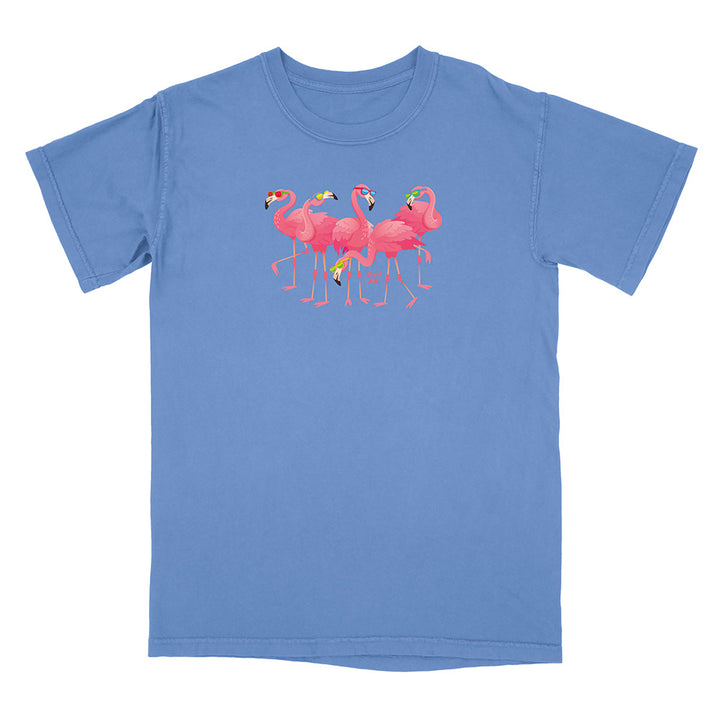 Blue t-shirt with pink flamingo design on a white background