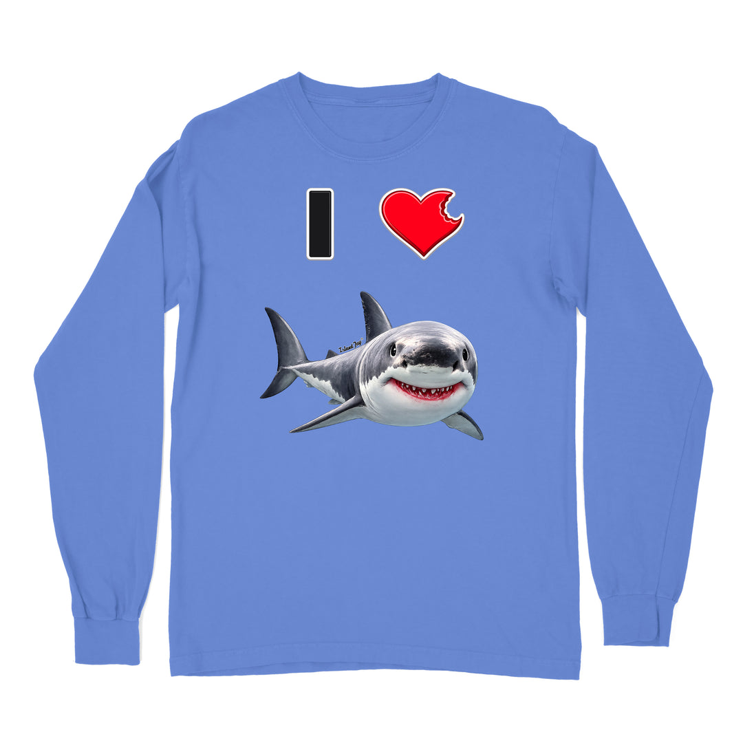 A dark blue long sleeve shirt with the phrase "I love shark" written with a heart icon graphic for the "love" and a cute shark graphic for the "Shark".