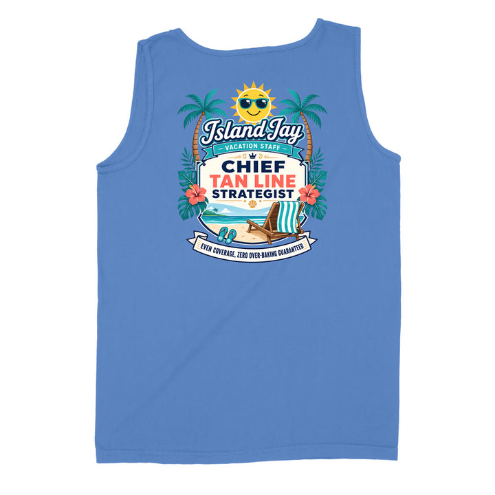 A sleeveless blue tank top shown flat against a white background, featuring a colorful graphic print on the front with a sun, palm trees, flowers, and text reading 'Island Jay Vacation Staff Chief Tan Line Strategist' and 'Your happiness, our job running quality.'.