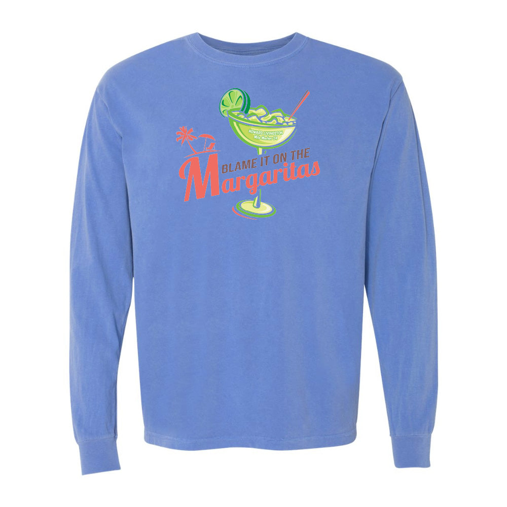 Blue long-sleeve shirt with margarita graphic and text on a white background
