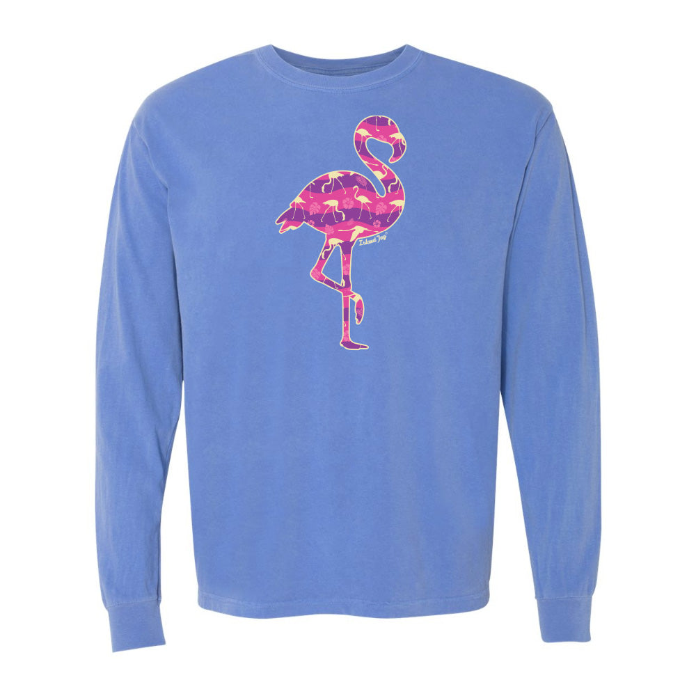 Blue long-sleeve shirt with a pink flamingo design on a white background