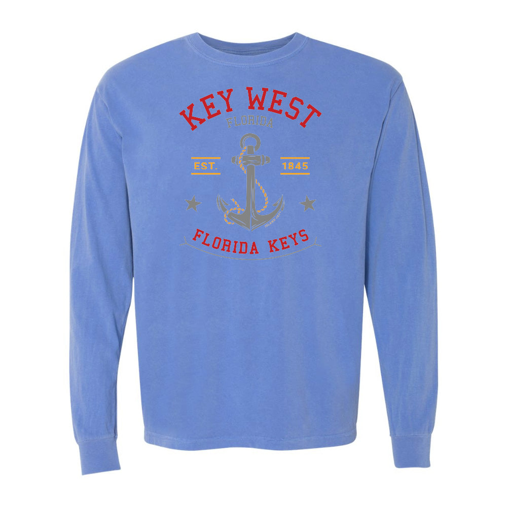 Blue long-sleeve shirt with 'Key West Florida Keys' print on a white background