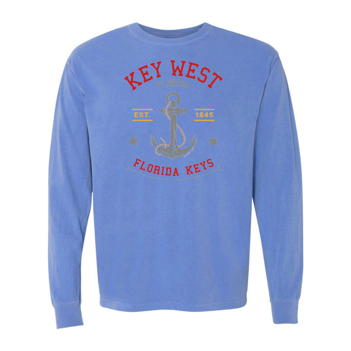 Blue long-sleeve shirt with 'Key West Florida Keys' print on a white background