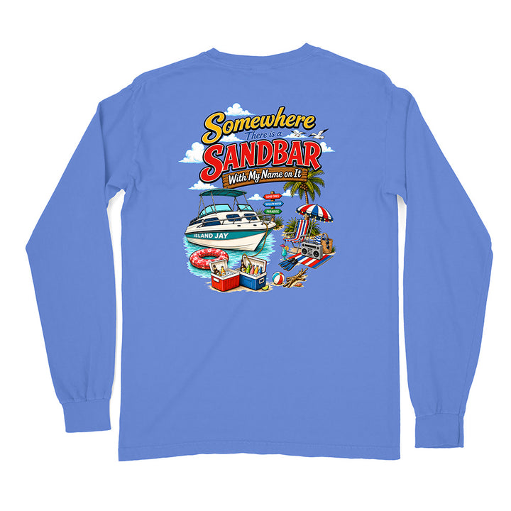 A blue long-sleeve t-shirt with a colorful graphic print on the back featuring a speedboat, beach umbrella, and the text 'Somewhere Sandbar With My Name on It'.