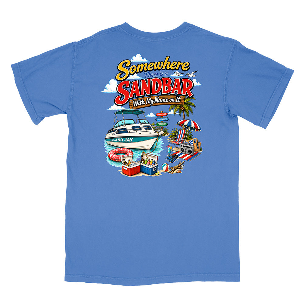A blue short-sleeve t-shirt shown flat against a white background, featuring a colorful graphic print on the back with the text 'Somewhere in the Sandbar' and a beach boat scene.