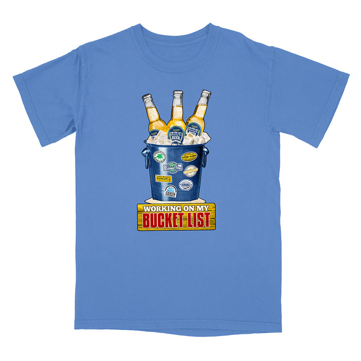 Blue t-shirt with a graphic of a bucket of beer and 'Working on my Bucket List' text.