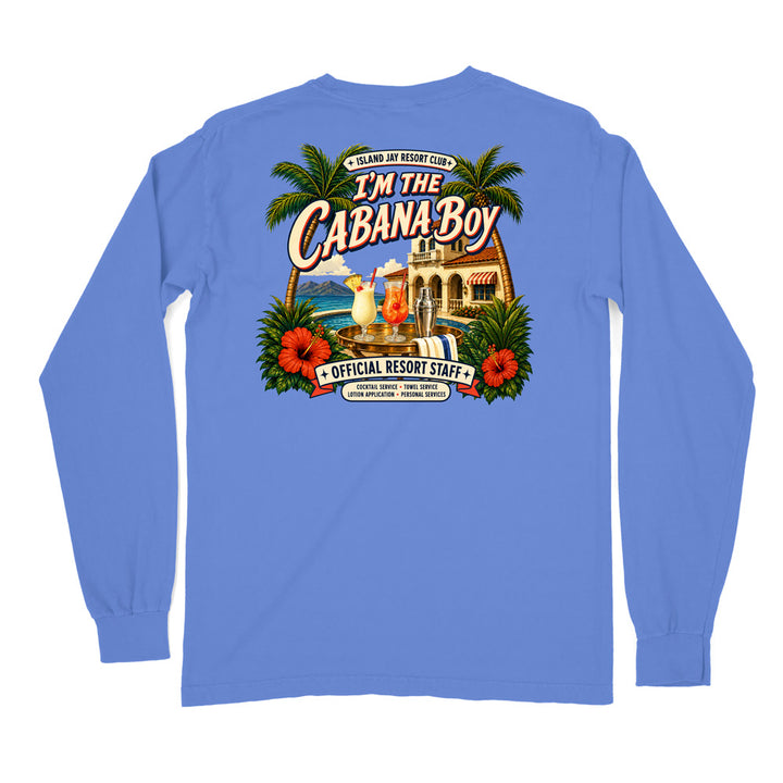 A light blue long-sleeve t-shirt shown from the back, featuring a large, colorful graphic print with palm trees, hibiscus flowers, a cocktail, and resort-themed text reading 'I'm The Cabana Boy' and 'Official Resort Staff'.