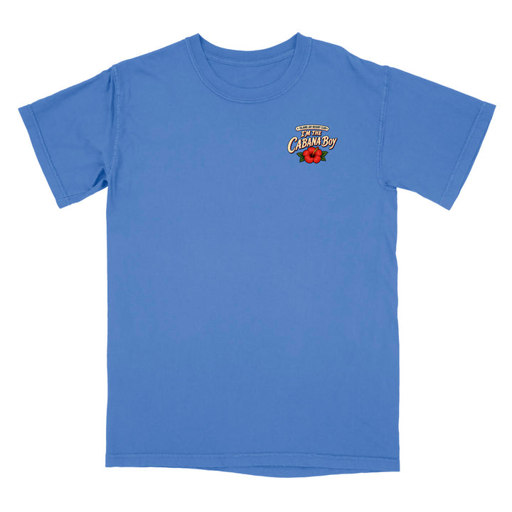 A blue short-sleeve crewneck t-shirt with a small graphic on the left chest that reads 'Welcome to Cablin's Cabins' with a red rose illustration, shown on a plain white background.